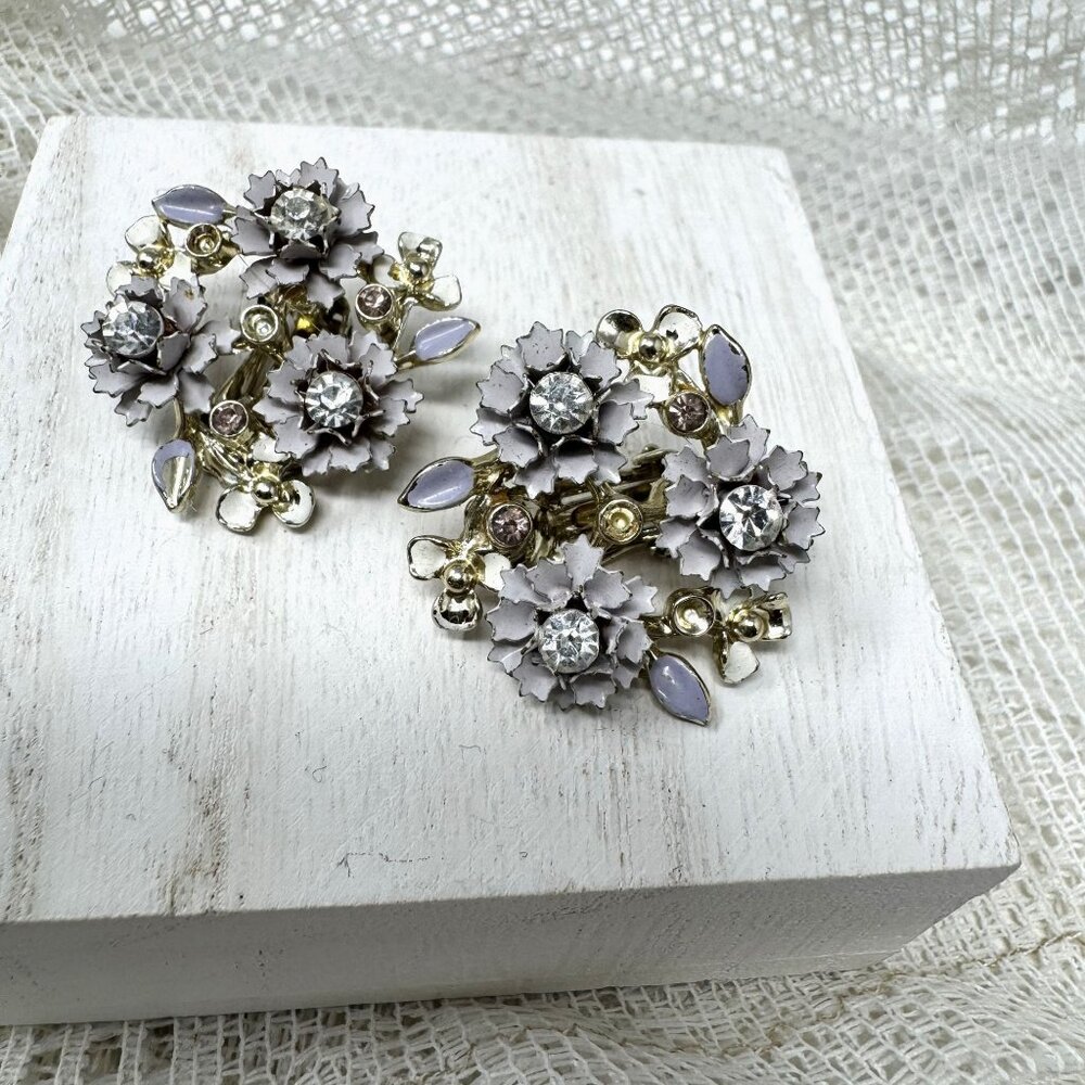 Vintage Floral Clip-On Earrings With Rhinestones & Enamel Accents